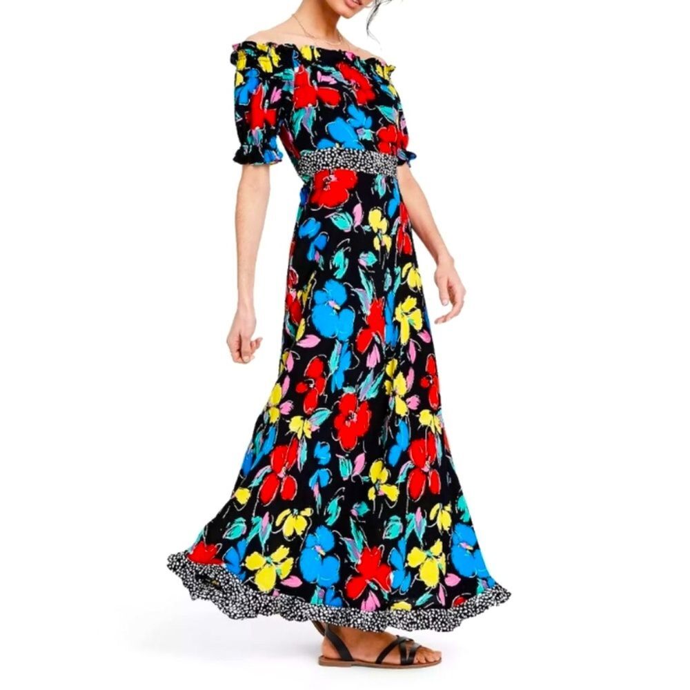 NWT RIXO Polka Dot Floral Off Shoulder Puff Sleeve Maxi Dress